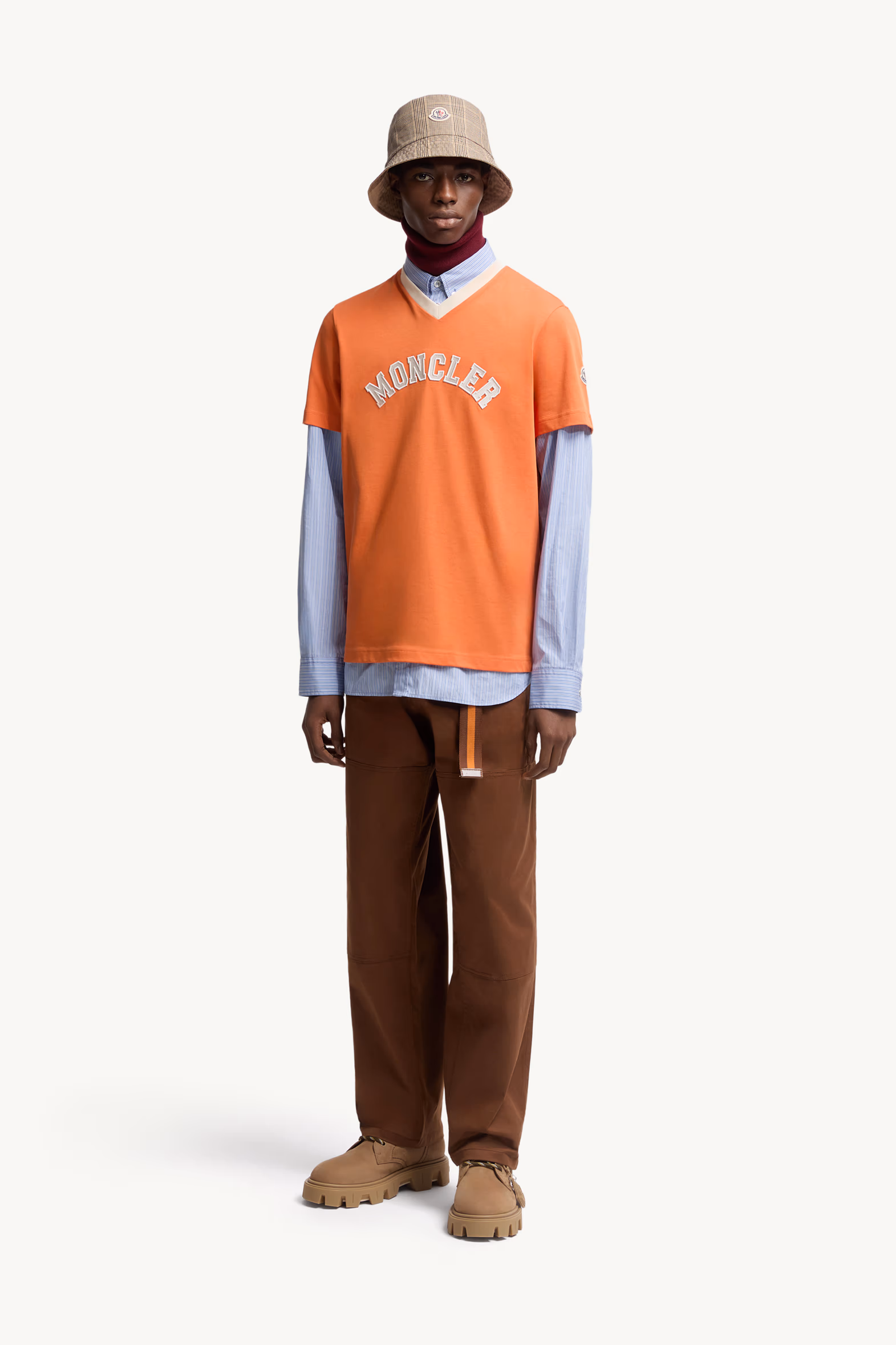 Embroidered Logo Cotton Piquet V-Neck T-Shirt Men Orange Moncler 0